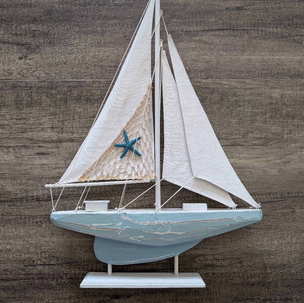 Large Decorative Sailboat with Starfish Accent Nautical Home Decor 24x16"